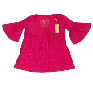 Da-Nang womens bell sleeve tee shirt 100% cotton fuchsia pink